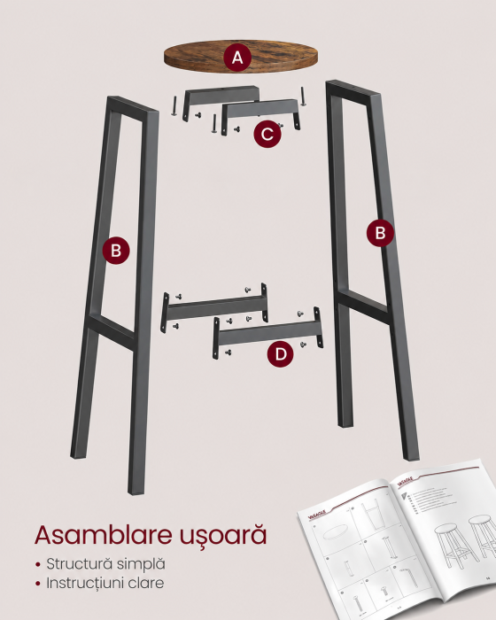 Set 2 scaune bar inalte, sezut rotund, cadru din otel, inaltime 74 cm, stil industrial, maro rustic si negru [5]