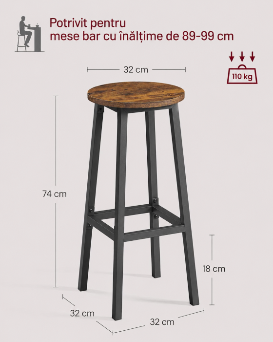 Set 2 scaune bar inalte, sezut rotund, cadru din otel, inaltime 74 cm, stil industrial, maro rustic si negru [4]