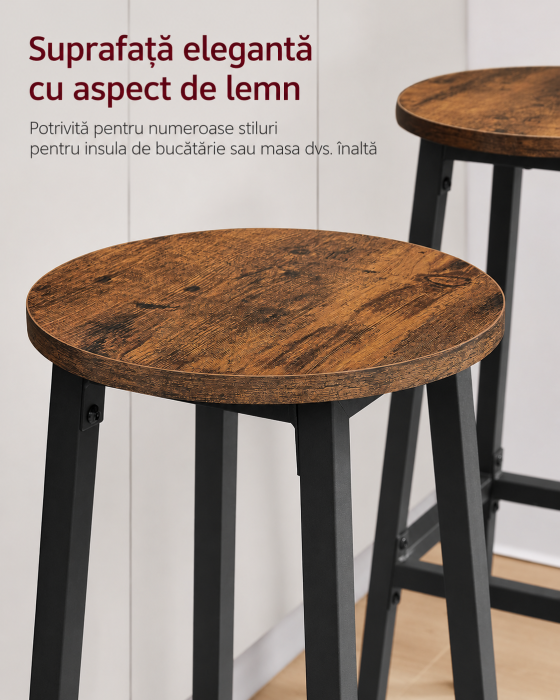 Set 2 scaune bar inalte, sezut rotund, cadru din otel, inaltime 74 cm, stil industrial, maro rustic si negru [6]