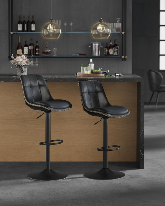 Set 2 scaune bar reglabile pe inaltime, rotative 360Â°, cu spatar si suport pentru picioare, tapiterie PU, 44x38x(90-112) cm, negru [6]