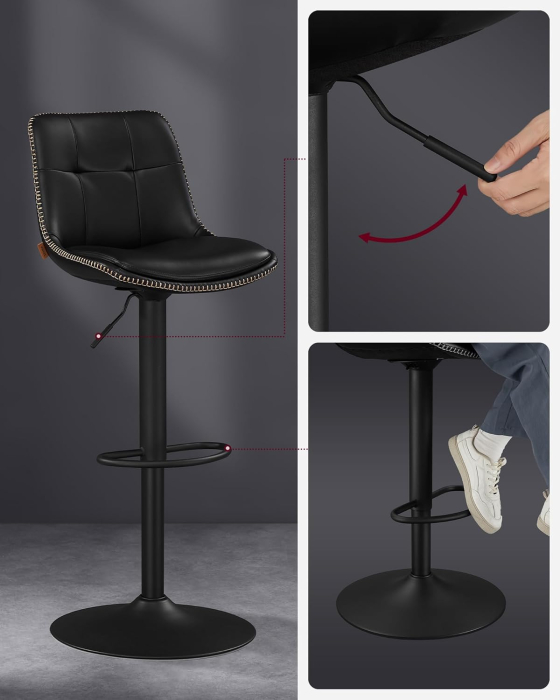 Set 2 scaune bar reglabile pe inaltime, rotative 360Â°, cu spatar si suport pentru picioare, tapiterie PU, 44x38x(90-112) cm, negru [5]