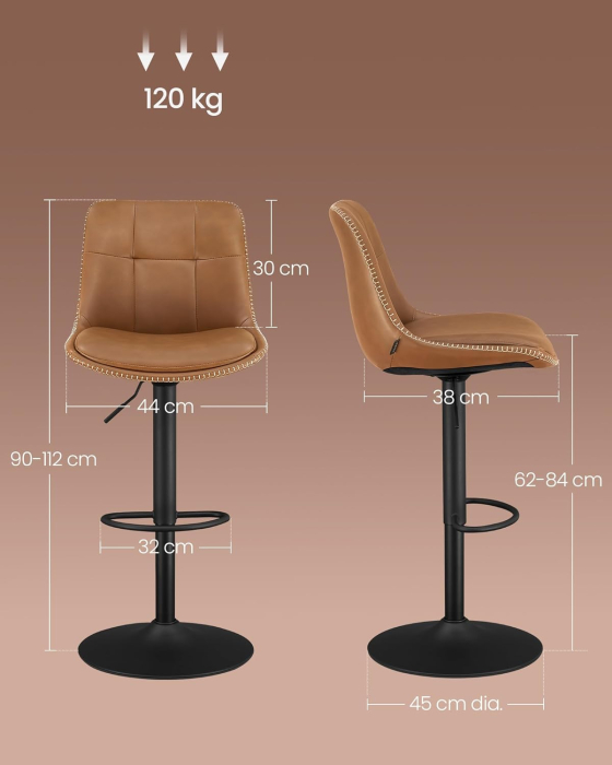 Set 2 scaune bar reglabile, rotative 360Â°, tapiterie PU, cadru metalic, 44x30x90-112 cm, maro caramel [2]