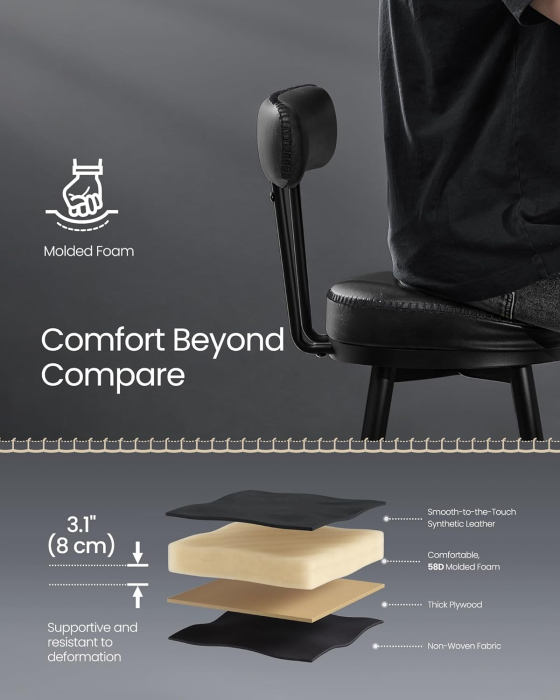 VASAGLE set 2 scaune de bar rotative 360°, cu spatar, inaltime 101 cm, piele sintetica, cadru otel, stil modern, negru [3]