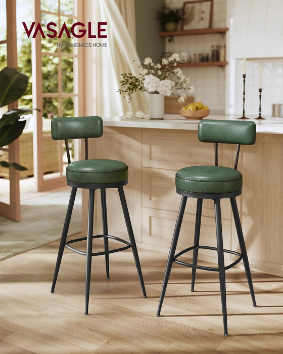 Set 2 scaune bar rotative 360 cu spatar, piele ecologica PU, spuma 8 cm, cadru otel mid-century, max 120 kg, 57x35x101 cm, verde [6]