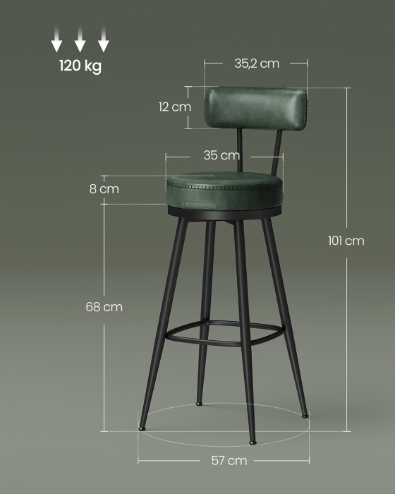 Set 2 scaune bar rotative 360 cu spatar, piele ecologica PU, spuma 8 cm, cadru otel mid-century, max 120 kg, 57x35x101 cm, verde [2]