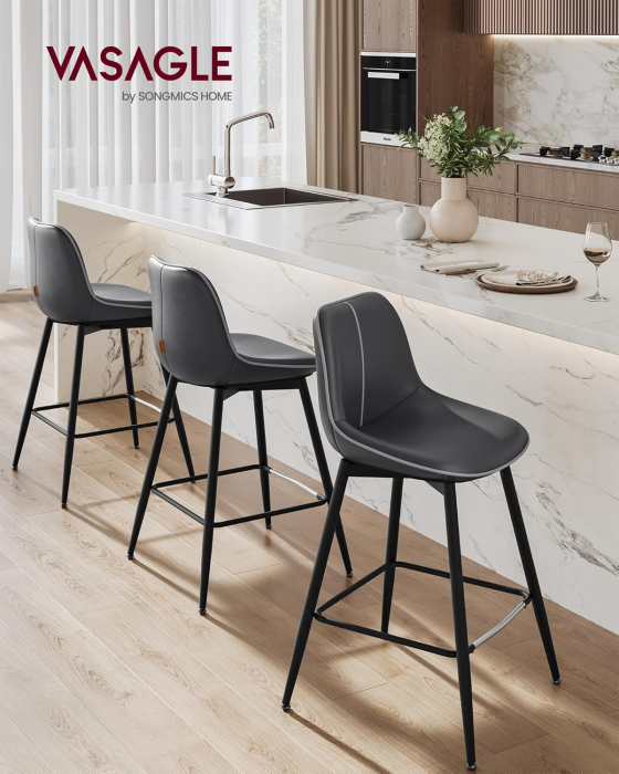 Set 2 scaune de bar, spatar ergonomic din piele artificiala, cadru metalic, 50x50x88 cm, negru [2]