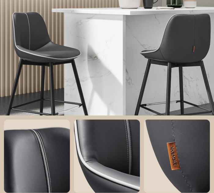 Set 2 scaune de bar, spatar ergonomic din piele artificiala, cadru metalic, 50x50x88 cm, negru [6]