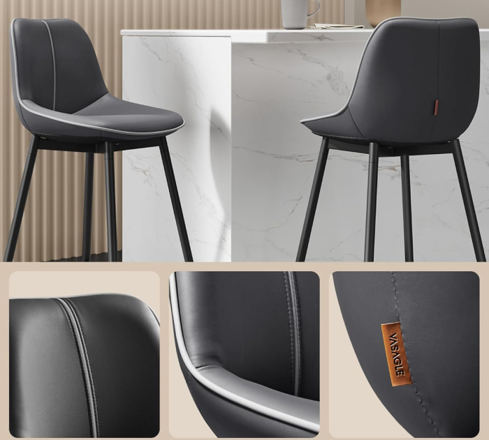 VASAGLE Set 2 scaune de bar, spatar ergonomic din piele ecologica, cadru metalic, 50x50x99 cm, negru [5]