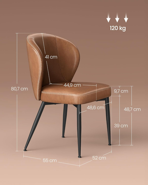 Set 2 scaune dining bucatarie EKHO, tapitate cu piele ecologica si picioare metalice, 55x52x81 cm, maro caramel [2]