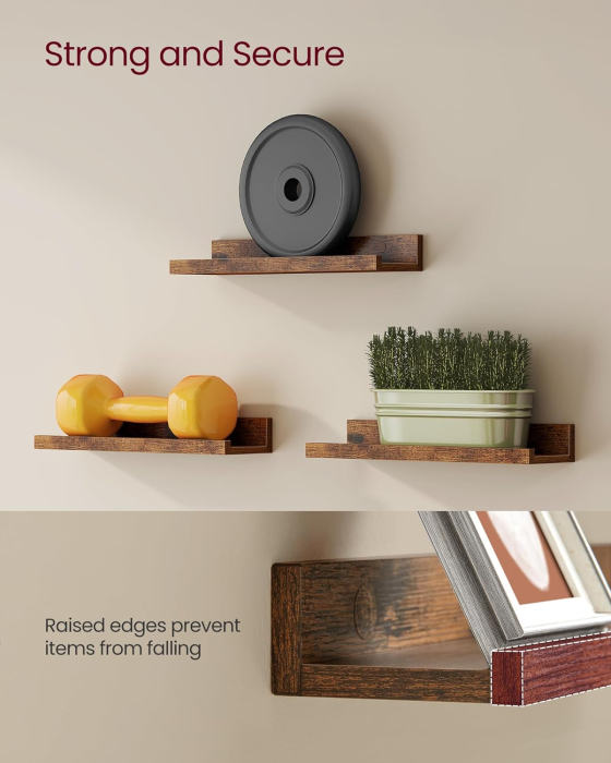 Set 3 rafturi suspendate plutitoare, cu margine frontala inaltata, 38x10x5 cm, maro rustic [5]