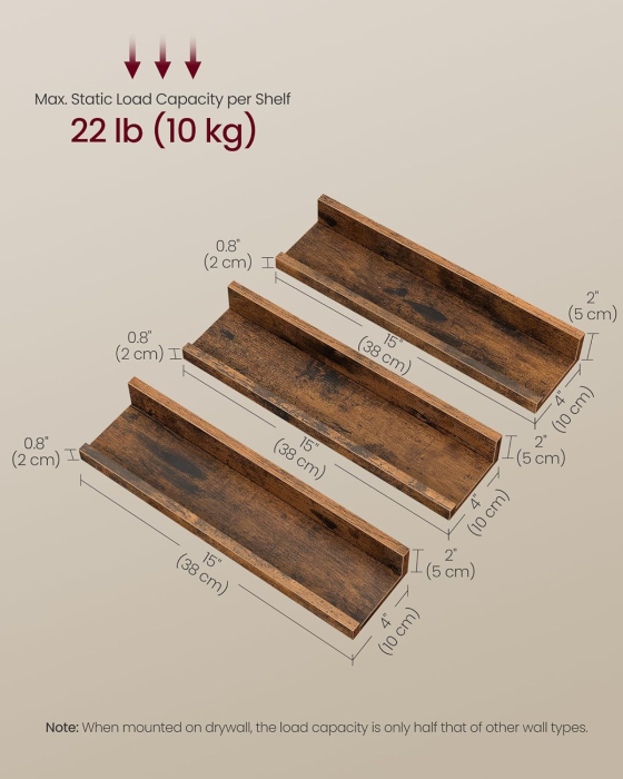 Set 3 rafturi suspendate plutitoare, cu margine frontala inaltata, 38x10x5 cm, maro rustic [9]