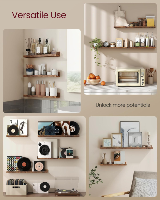 Set 3 rafturi suspendate plutitoare, cu margine frontala inaltata, 38x10x5 cm, maro rustic [6]