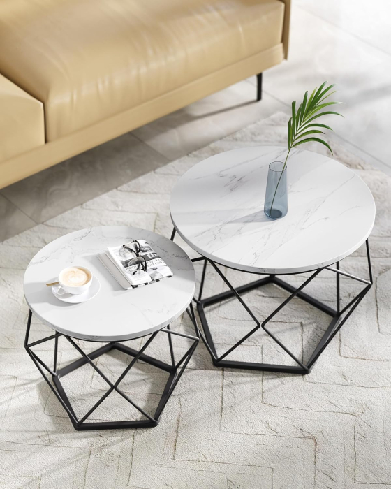 Set de 2 mese de cafea, blat detasabil, stil industrial, 50x40cm si 40x36cm, alb si negru [6]