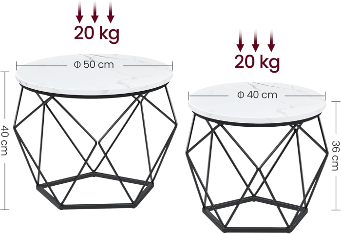 Set de 2 mese de cafea, blat detasabil, stil industrial, 50x40cm si 40x36cm, alb si negru [2]