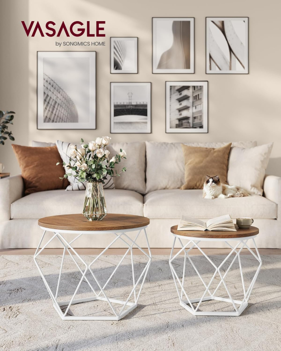 VASAGLE Set de 2 mese de cafea rotunde, cadru otel si blat detasabil, 40cm si 50cm, alb si maro [2]