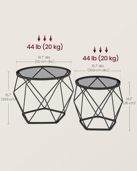 Set de 2 mese de cafea rotunde, cadru otel si blat detasabil din sticla, 40cm si 50cm, negru [3]