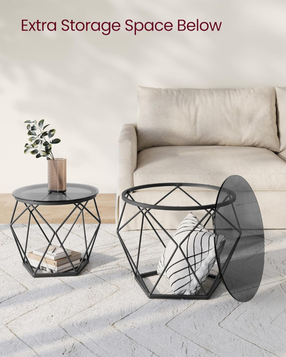 Set de 2 mese de cafea rotunde, cadru otel si blat detasabil din sticla, 40cm si 50cm, negru [5]