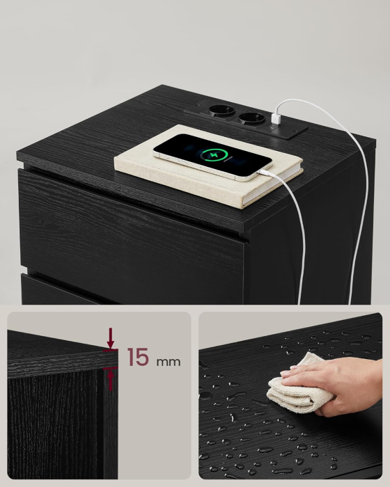 Set de 2 noptiere, cu sertare, 2 prize si 2 USB, 35x40x59 cm, negru [7]