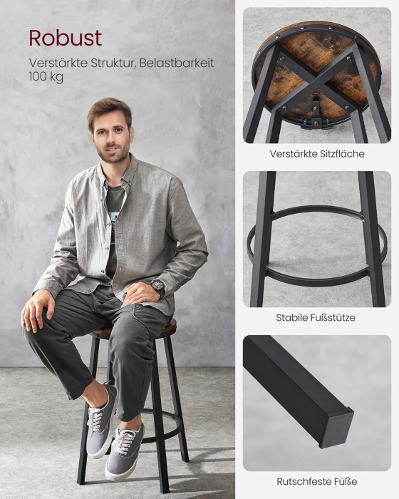 VASAGLE Set de 2 scaune de bar inalte cu spatar, cadru din otel, industrial, 51x89cm, maro rustic [5]