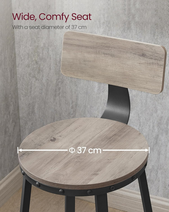 VASAGLE Set de 2 scaune de bar inalte cu spatar, cadru din otel, industrial, 54x99cm, gri stejar [3]
