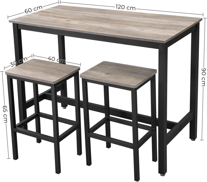 Set masa bar cu 2 scaune, cadru metalic, stil industrial, 120x60x90 cm, gri stejar [6]