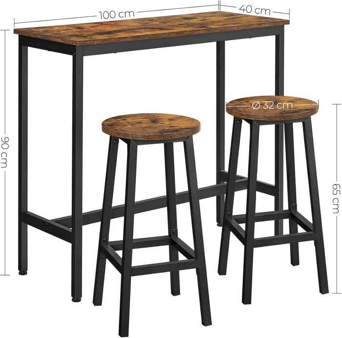 VASAGLE Set masa bar cu 2 scaune rotunde, cadru metalic, stil industrial, 100x40x90 cm, maro rustic [2]