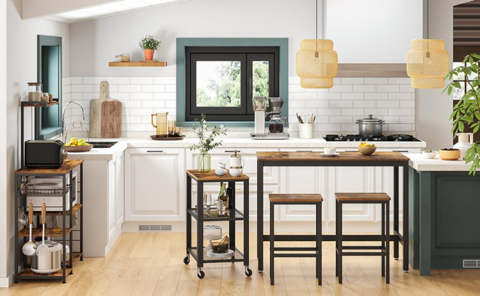 VASAGLE Set masa de bar cu 2 scaune, cadru din otel, blat lemn, stil industrial, 120x60x90cm, maro rustic [2]