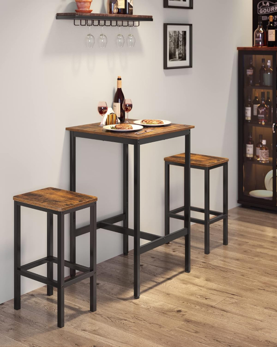 VASAGLE Set masa si scaune de bar, masa 60x60x90cm si 2 scaune 30x40x65cm, stil industrial, maro rustic [3]