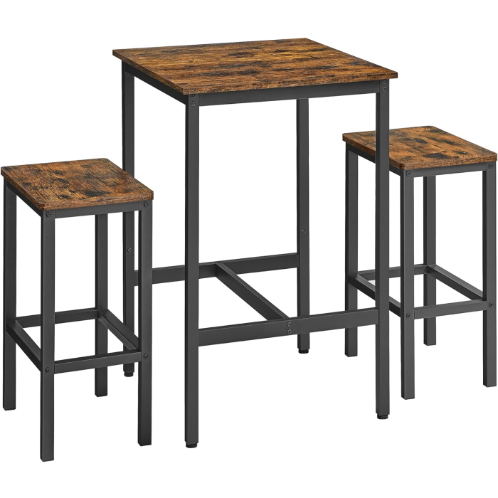 VASAGLE Set masa si scaune de bar, masa 60x60x90cm si 2 scaune 30x40x65cm, stil industrial, maro rustic [1]
