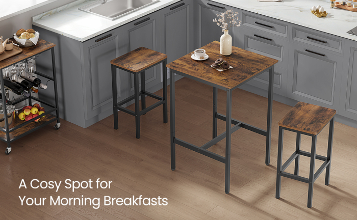 VASAGLE Set masa si scaune de bar, masa 60x60x90cm si 2 scaune 30x40x65cm, stil industrial, maro rustic [10]