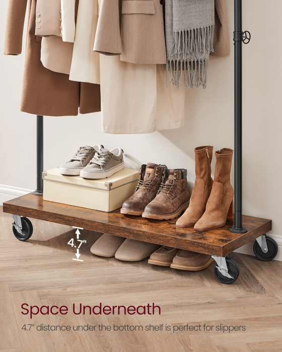 VASAGLE Suport haine cu bara metalica si raft inferior, cadru metalic si PAL, stil industrial, 104x40x162 cm, maro rustic si negru [8]