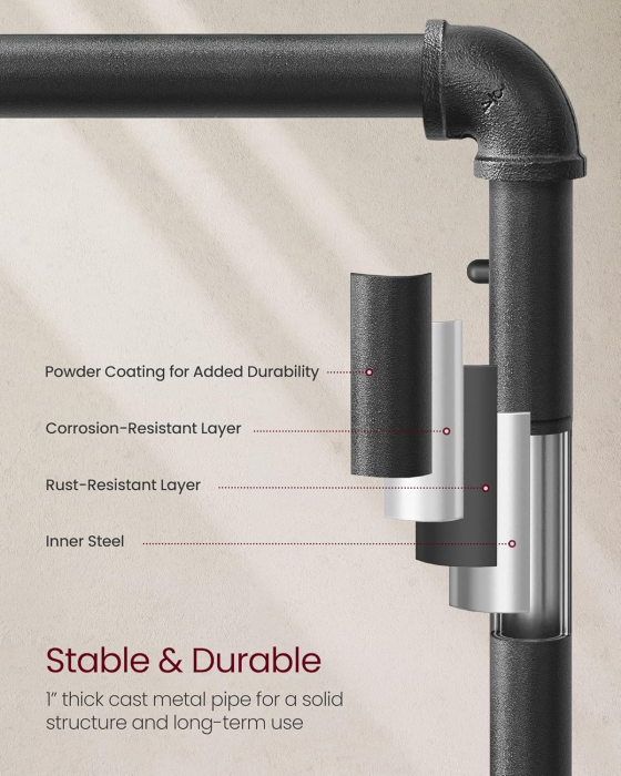 VASAGLE Suport haine cu bara metalica si raft inferior, cadru metalic si PAL, stil industrial, 104x40x162 cm, maro rustic si negru [5]