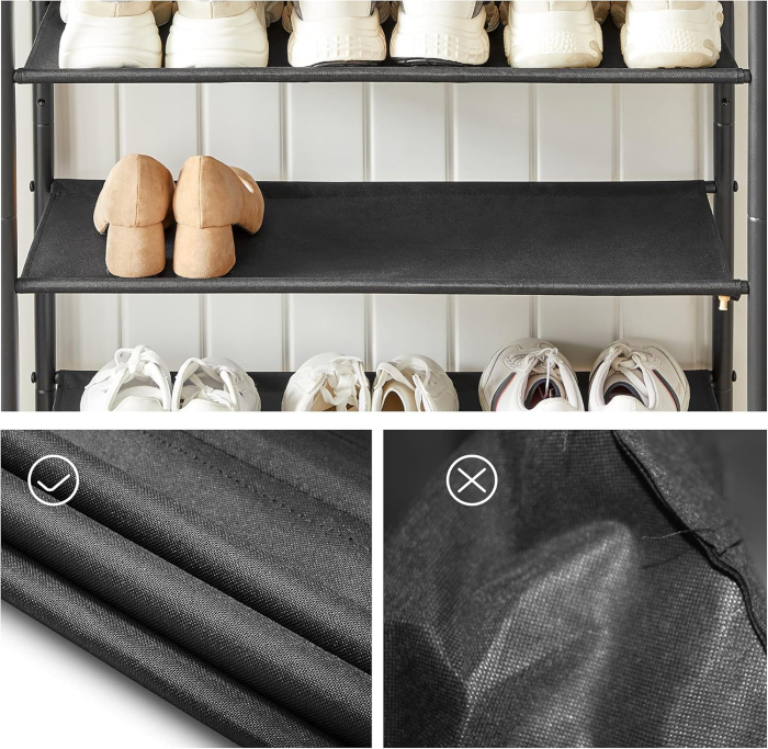 VASAGLE Suport pantofi 75x30x91 cm, 5 niveluri, rafturi textile si blat PAL, cadru metalic, maro rustic si negru [6]