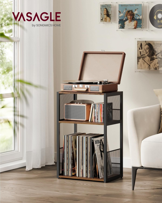 Suport pentru pickup si depozitare viniluri, 3 niveluri, cadru metalic, 43x30x69 cm, maro rustic [6]