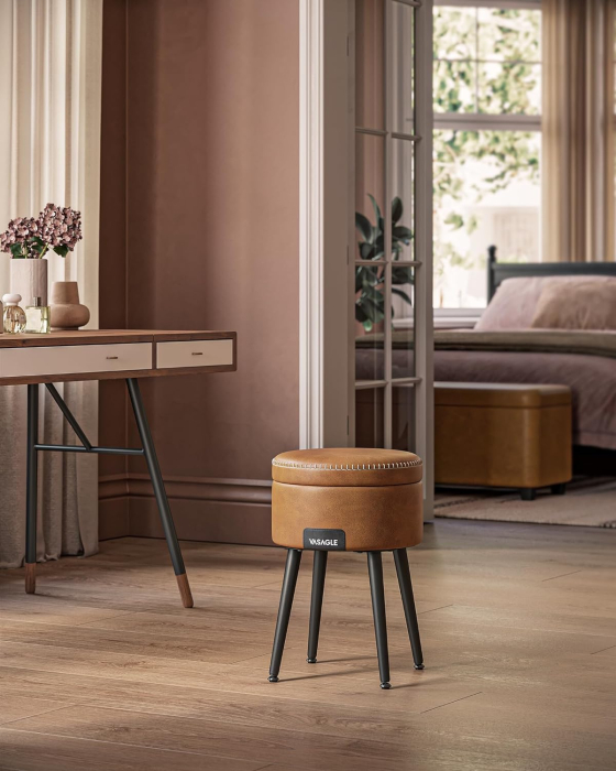 VASAGLE Taburet cu spatiu de depozitare, tapitat PU, cu 2 fete, diametru 32 cm, maro [3]