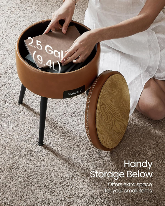 VASAGLE Taburet cu spatiu de depozitare, tapitat PU, cu 2 fete, diametru 32 cm, maro [8]
