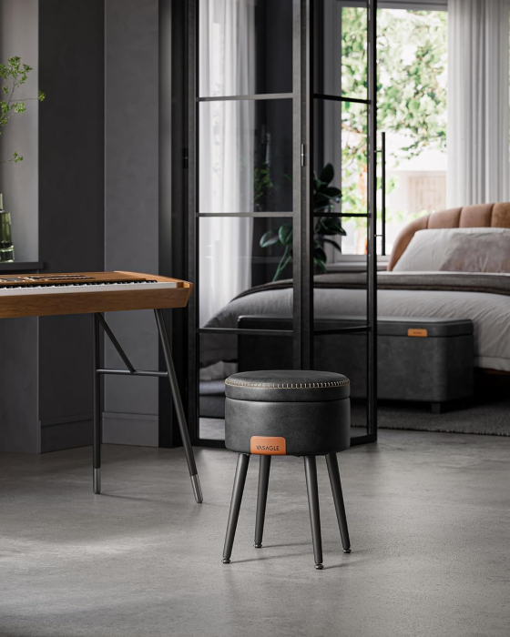 Taburet cu spatiu de depozitare, tapitat PU, cu 2 fete, diametru 32 cm, negru [8]