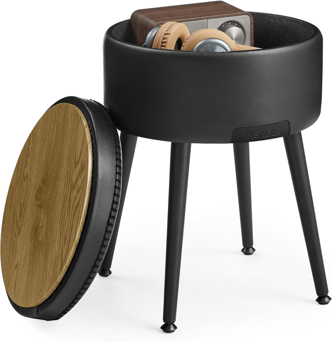 VASAGLE Taburet cu spatiu de depozitare, tapitat PU, cu 2 fete, diametru 32 cm, negru [12]