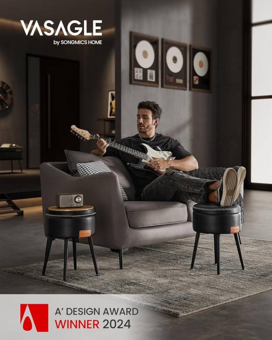 Taburet cu spatiu de depozitare, tapitat PU, cu 2 fete, diametru 32 cm, negru [9]