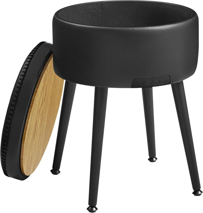 VASAGLE Taburet cu spatiu de depozitare, tapitat PU, cu 2 fete, diametru 32 cm, negru [11]
