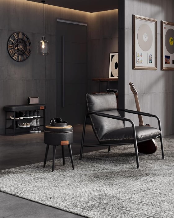 VASAGLE Taburet cu spatiu de depozitare, tapitat PU, cu 2 fete, diametru 32 cm, negru [4]