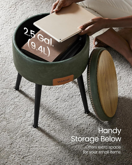 Taburet cu spatiu de depozitare, tapitat PU, cu 2 fete, diametru 32 cm, verde [8]