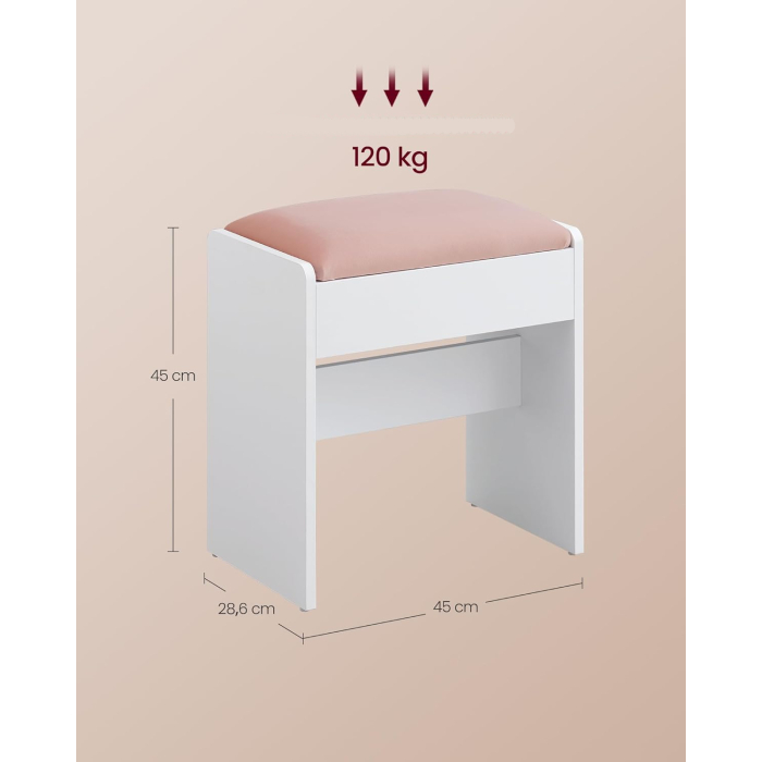 Taburet masa toaleta tapitat cu catifea, picioare cu protectii, 29x45x45 cm, alb si roz [6]