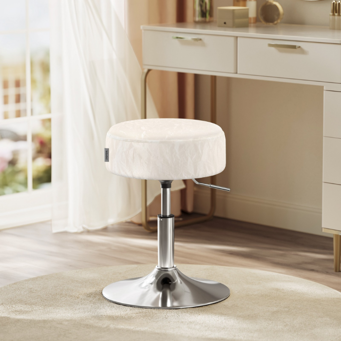 Taburet pentru masa machiaj, reglabil pe inaltime, rotativ 360Â°, sezut capitonat, 39x39x58 cm, alb crem [6]