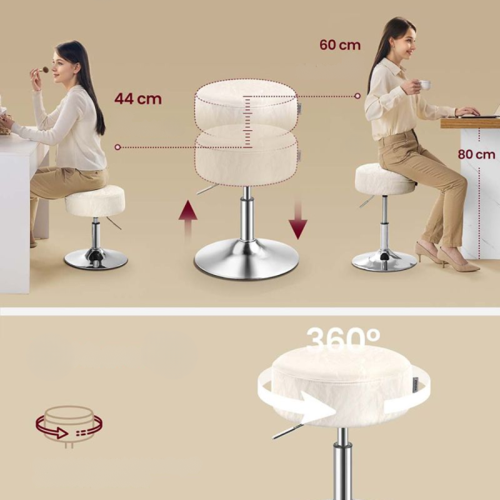 Taburet pentru masa machiaj, reglabil pe inaltime, rotativ 360Â°, sezut capitonat, 39x39x58 cm, alb crem [4]