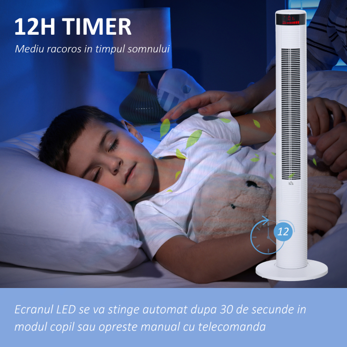  Ventilator Coloana cu 3 Viteze si 4 Moduri, Timer de12h, Panou LED si Telecomanda, Alb [6]