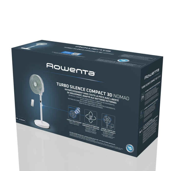 Ventilator cu picior Rowenta Turbo Silence Compact 3D Nomad QV5050F0, 20 W, 3 moduri automate, 20 trepte de viteza, telecomanda inclusa, inaltime ajustabila, motor Effitech, timer, cronometru, alb [17]
