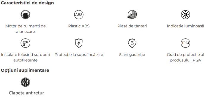 Ventilator de perete VentEurope CLASSIC100BD, cu clapeta antiretur si indicator luminos, patrat, diametru 100 mm, debit 97 mc/h, 14W, IP24, Alb [6]