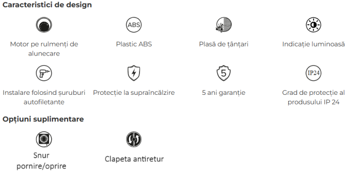 Ventilator de perete VentEurope CLASSIC100BDPS, cu clapeta antiretur, snur de pornire/oprire, ndicator luminos, patrat, diametru 100 mm, debit 97 mc/h, 14W, IP24, Alb [6]