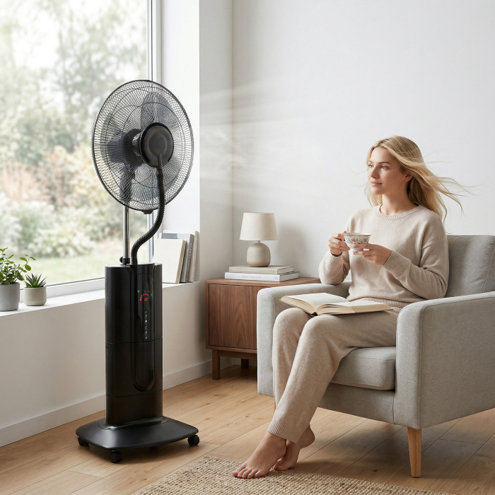  Ventilator de Podea 3 in 1 Oscilant cu Nebulizator de Apa, Telecomanda si Timer 9h, 45x38x130 cm, Negru [2]